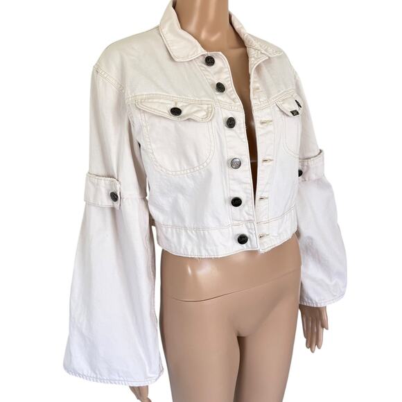 Upcycled Bell Sleeve Denim Cropped Jacket Minimalist Edgy Streetwear Cream S - Picture 2 of 14